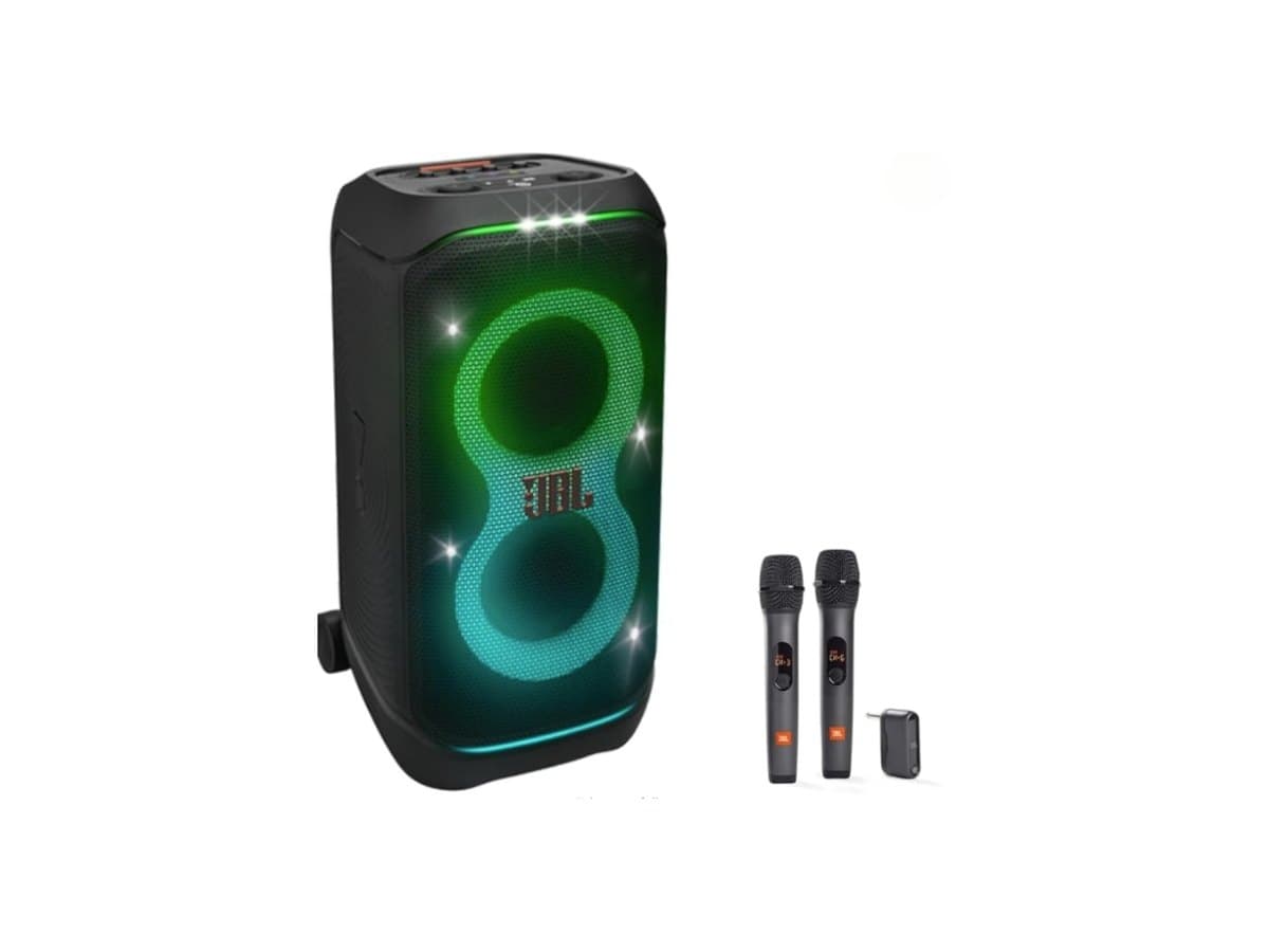 The JBL PartyBox speaker with its lit ring display, beside two wireless microphones